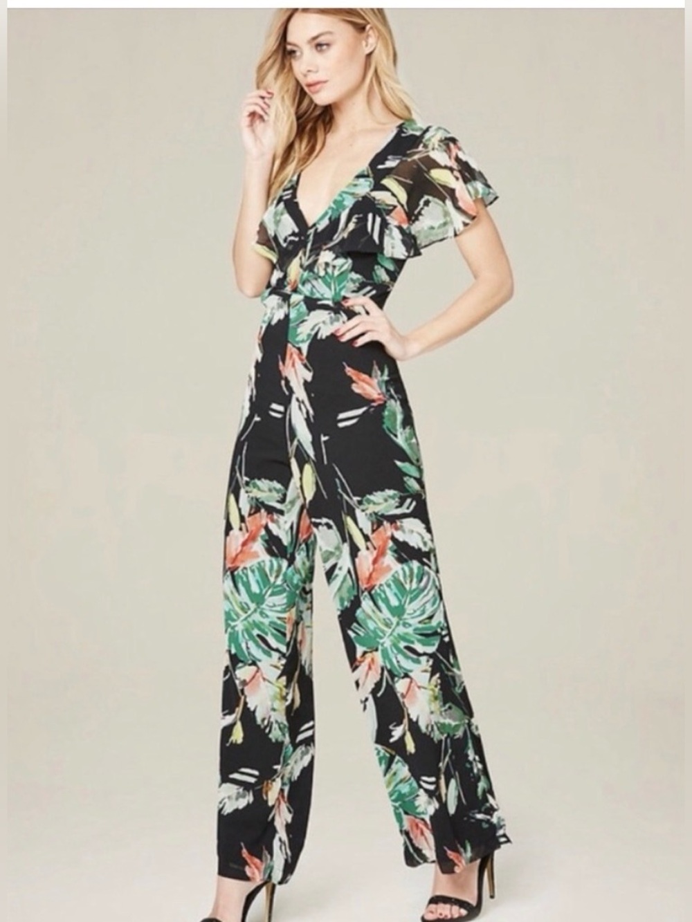 Adelyn Rae Tropical Leaf Ruffle Wide Leg Jumpsuit Black Palm Print Size Small
